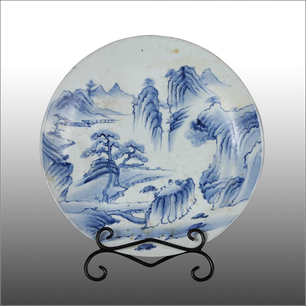 中国 青花 山水文 楕円盤 皿 D R3465A