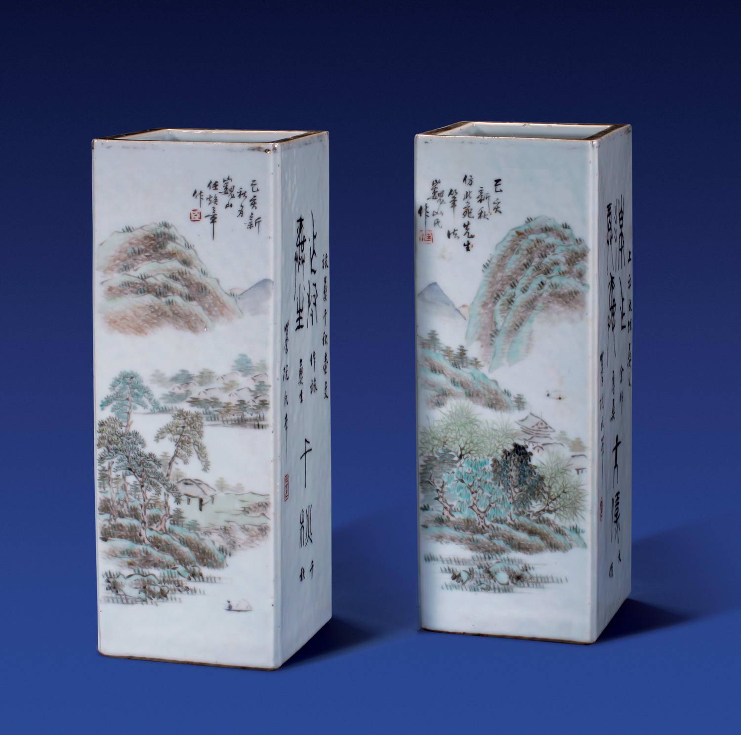 清光绪 任焕章 浅绛彩山水诗文四方帽筒一对
