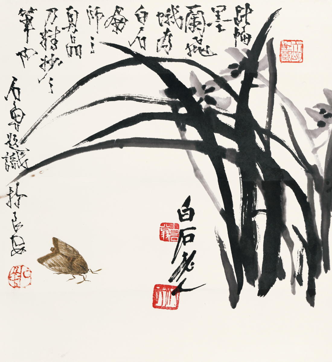 齐白石 兰花草虫·石鲁题跋
